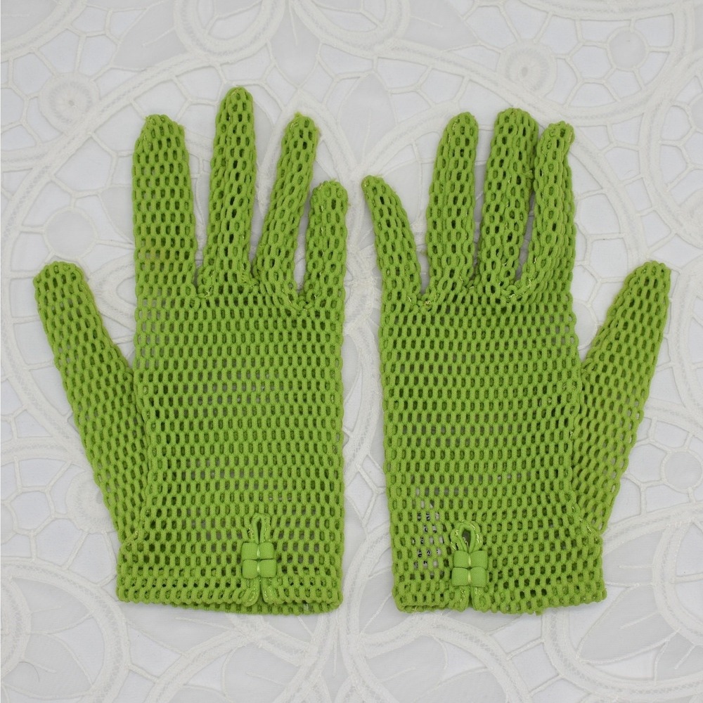 VTG 1950s Fownes Fishnet Gloves Lime Green Sheer Mesh Nylon Shorty Retro XS S